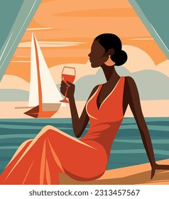 Resort summer vacation. A young woman in a beautiful evening dress is sitting on a terrace by the sea holding a glass in her hands against the backdrop of a sunset seascape and a yacht. Girl on vacati