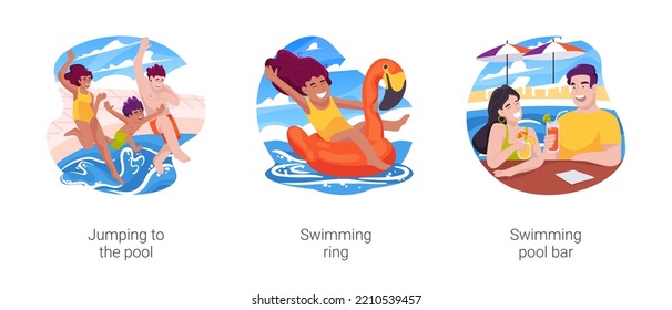 Resort swimming pool isolated cartoon vector illustration set. Family jumping to the pool, holding hands, lying in swimming ring, poolside bar, drinking exotic cocktail, summertime vector cartoon.