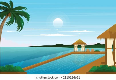 Resort Swimming Pool Travel Vacation Landscape View Bali Illustration