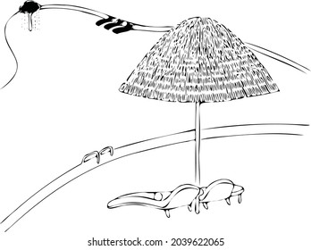 In a resort, there is a big straw umbrella shed by the swimming pool, two lounge chairs and a table underneath, mushroom-shaped flushing facilities and three lounge chairs in the swimming pool.