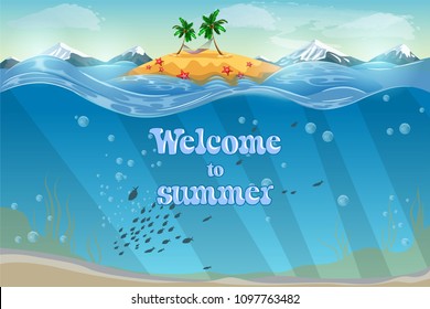 Resort topical island. Invitation card. Underwater coral reef seabed and water surface with tropical isl stock image