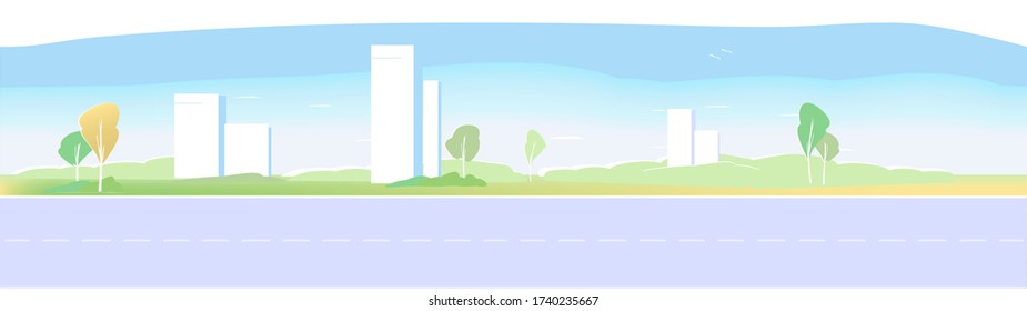 Resort town.Pure City landscape. The road to the beach. Marked road. Nature and houses. Summer landscape with blue sky. White town houses with trees. Flat and cartoon style. Copy space.