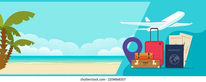 Resort travel vacation agency banner with flight aircraft tickets booking vector or summer beach adventure and journey by airplane poster with luggage suitcases, passport and plane flat cartoon image