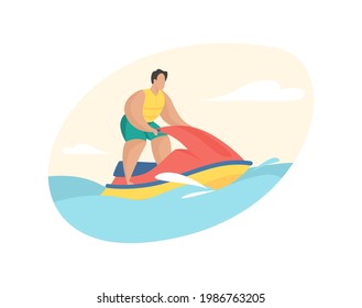 Resort traveler rides jet ski. Highspeed extreme attraction water. Man in life jacket merrily jumping over waves aquabike. Powerful sports engine racing and fun. Vector flat illustration isolated