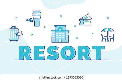 resort typography word art background of icon hotel airport suitcase ticket restaurant with outline style