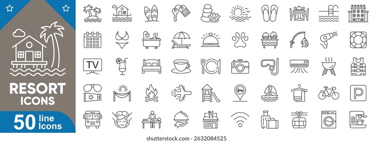Resort, vacation icons set. Tropical beach hotel, palm tree, summer travel, pool, spa, relaxation, activities, sunbed and more. Symbols collection in modern vector illustration.