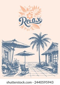 resort vacation in a sun lounger under an umbrella on the seashore vector sketch background drawing