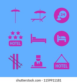 resort vector icons set. with beach umbrella, skiing, hotel five stars and chaise lounge umbrella in set