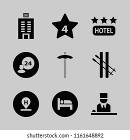 resort vector icons set. with bed, hotel location, hotel four stars and beach umbrella in set