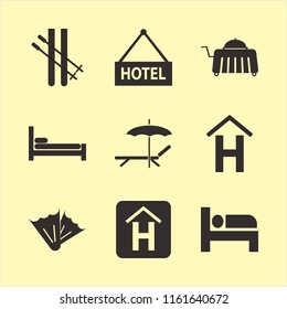 resort vector icons set. with chaise lounge umbrella, skiing, hotel sign and bed in set