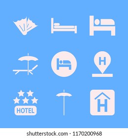 resort vector icons set. with chaise lounge umbrella, bed, hotel sign and hotel location in set