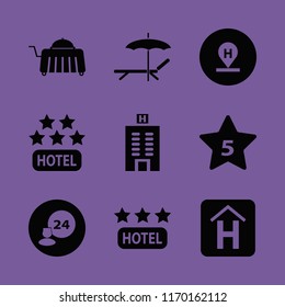 resort vector icons set. with hotel three stars, hotel building, room service and hotel location in set