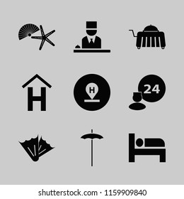 resort vector icons set. with shell starfish, hotel sign, bed and beach umbrella in set