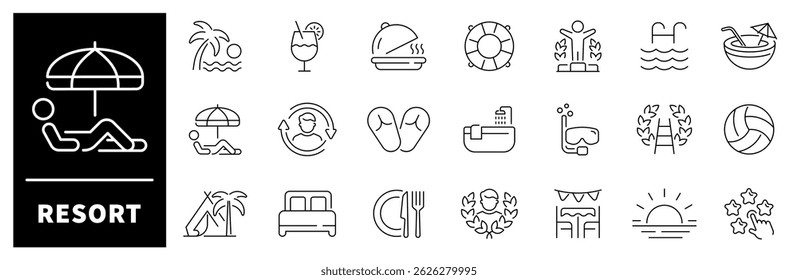 Resort vector icons. Resort thin line icons collection. Vacation, holiday, travel, resort related icons. Editable stroke vector icons