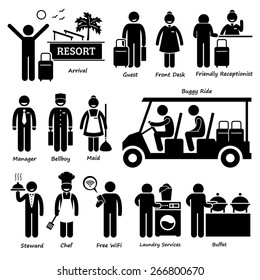 Resort Villa Hotel Tourist Worker and Services Stick Figure Pictogram Icons