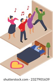 Resounding footsteps from the upstairs neighbors isometric Concept, Individuals reveling and celebrating loudly on the floor above Vector Icon Design, neighbourhood conflicts Stock illustration