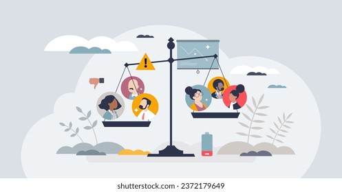 Resource allocation for effective business labor tiny person concept. HR personnel optimization, division and comparison to solve financial burden vector illustration. Company productivity problem