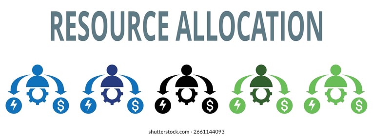 conjunto de ícones de alocação de recursos. contém ícone, vetor, ilustração, maquinário, ordens, recurso, alocação, planejamento, otimização, estratégia