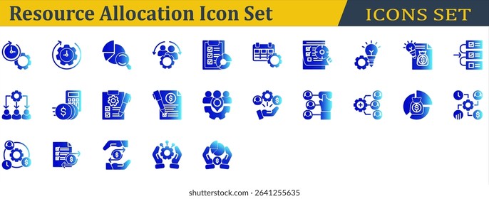 Resource Allocation Icon Set. Containing Budget List,Budget Plan,Cost Allocation,Cost,Distribution,Effort,Handling,Operation,Priority,Resource Allocation,Resource. Solid Gradient Style