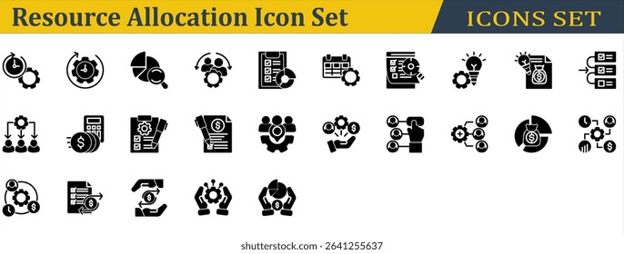 Resource Allocation Icon Set. Containing Budget List,Budget Plan,Cost Allocation,Cost,Distribution,Effort,Handling,Operation,Priority,Resource Allocation,Resource. Solid Style