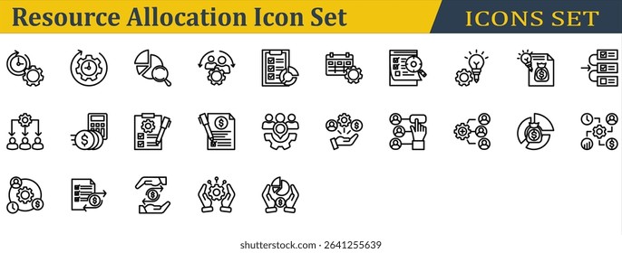 Resource Allocation Icon Set. Containing Budget List,Budget Plan,Cost Allocation,Cost,Distribution,Effort,Handling,Operation,Priority,Resource Allocation,Resource. Outline Style