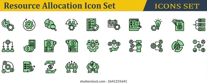 Resource Allocation Icon Set. Containing Budget List,Budget Plan,Cost Allocation,Cost,Distribution,Effort,Handling,Operation,Priority,Resource Allocation,Resource. Solid Color Lineal Style