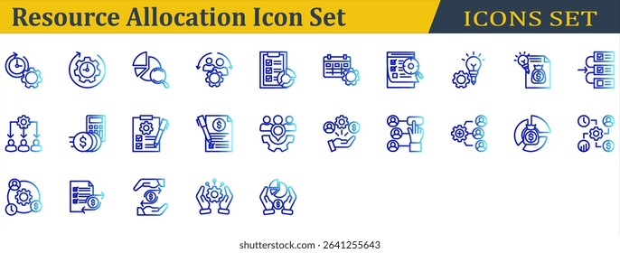 Resource Allocation Icon Set. Containing Budget List,Budget Plan,Cost Allocation,Cost,Distribution,Effort,Handling,Operation,Priority,Resource Allocation,Resource. Outline Gradient Style