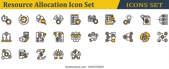 Resource Allocation Icon Set. Containing Budget List,Budget Plan,Cost Allocation,Cost,Distribution,Effort,Handling,Operation,Priority,Resource Allocation,Resource. Outline Color Lineal Style