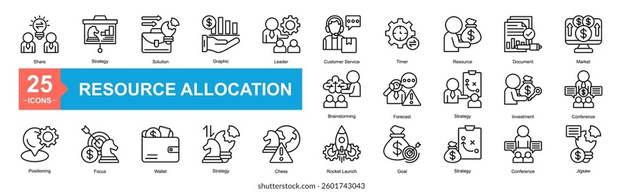 Resource Allocation Icon Sheet Share, Positioning, Brainstorming, Strategy, Solution, Graphic, Leader, Customer Service, Timer, Resource, Document, Market, Focus, Wallet