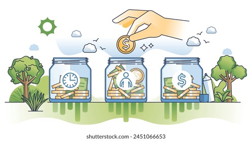 Resource allocation with smart money management outline hands concept. Plan your labor or monetary expenses with financial business strategy vector illustration. Incomes and earnings optimization.