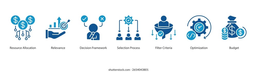 Estratégia de alocação de recursos ícone do banner da Web definir alocação de recursos vetoriais, relevância, estrutura de decisão, processo de seleção, critérios de filtro, otimização, orçamento