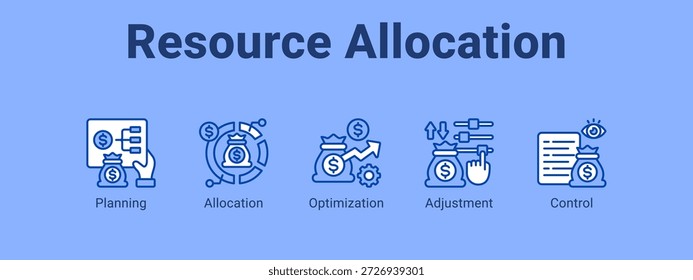 Ícone do banner da Web de alocação de recursos Ilustração do vetor com o ícone de planejamento, alocação e otimização.