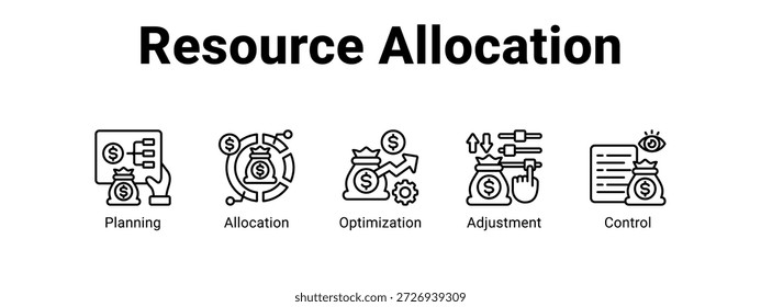 Ícone do banner da Web de alocação de recursos Ilustração do vetor com o ícone de planejamento, alocação e otimização.
