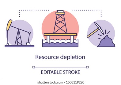 Resource depletion concept icon. Mining for fossil fuels and minerals. Energy carriers. Oil rig, coal mine idea thin line illustration. Vector isolated outline drawing. Editable stroke