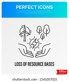 Resource depletion. Sign of energy in human hands, windmill and forests. Overconsumption of natural resources. Loss of resource base thin line icon. Vector illustration.