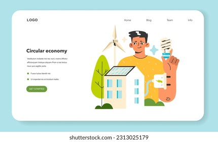 Resource efficiency web banner or landing page. Optimal reuse of the resources. Electricity consumption regulation. Environmental friendly technologies. Flat vector illustration