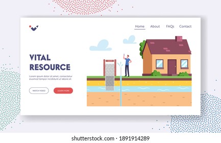 Resource Extraction Landing Page Template. Male Character At House Front Yard Holding Test Tube With Aqua Sample Testing Groundwater Or Artesian Water For Well Drilling. Cartoon Vector Illustration