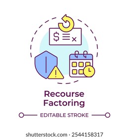 Resource factoring multi color concept icon. Symbolizing financial responsibility and risk. Shield with alert sign. Round shape line illustration. Abstract idea. Graphic design. Easy to use in article