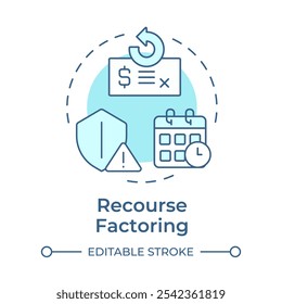 Resource factoring soft blue concept icon. Symbolizing financial responsibility and risk. Shield with alert sign. Round shape line illustration. Abstract idea. Graphic design. Easy to use in article