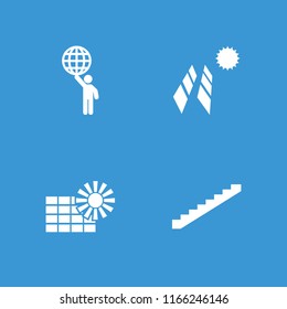 Resource icon. collection of 4 resource filled icons such as stairs, man holding globe. editable resource icons for web and mobile.