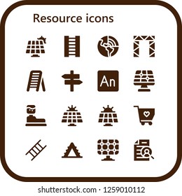  resource icon set. 16 filled resource icons. Simple modern icons about  - Solar panel, Ladder, Geothermal, Rigging, Panel, Animate, Water tank, Solidarity, Curriculum