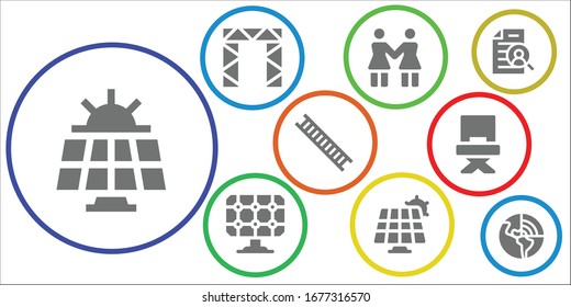 resource icon set. 9 filled resource icons. Included Solar panel, Rigging, Solidarity, Ladder, Director, Curriculum, Geothermal icons