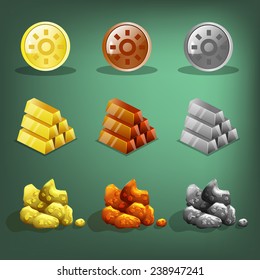 Resource icons for games. Gold, silver and copper. Vector illustration.