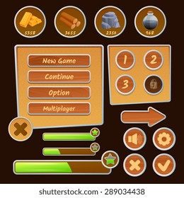 Resource icons and menu elements for strategy games on the brown background isolated vector illustration