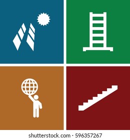 resource icons set. Set of 4 resource filled icons such as ladder, stairs, man holding globe
