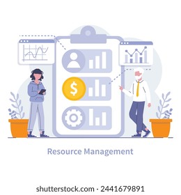 Resource Management concept. Detailing the strategic allocation of human, financial, and material assets for business efficiency. Key to organizational success. Vector illustration.