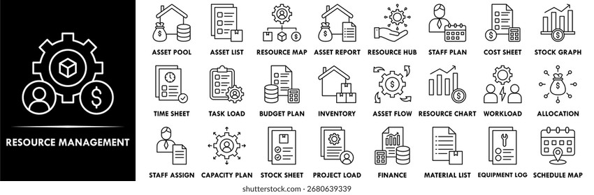 Conjunto de coleta de ícones do Gerenciamento de Recursos. Contendo negócios de design, gerenciamento, equipe, trabalho em equipe, funcionário, corporativo
