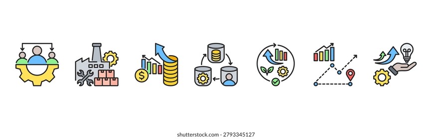 Resource Management icon set includes Human Resources, Material Resources, Financial Resources, Allocation, Optimization, Tracking, and Utilization for resource efficiency.