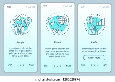 Resource management onboarding mobile app page screen template. People, planet and profit walkthrough website steps. Triple bottom line. TBL. Business conception. UX, UI, GUI smartphone interface