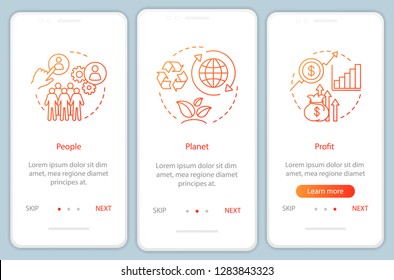 Resource management onboarding mobile app page screen template. People, planet and profit walkthrough website steps. Triple bottom line. TBL. Business conception. UX, UI, GUI smartphone interface